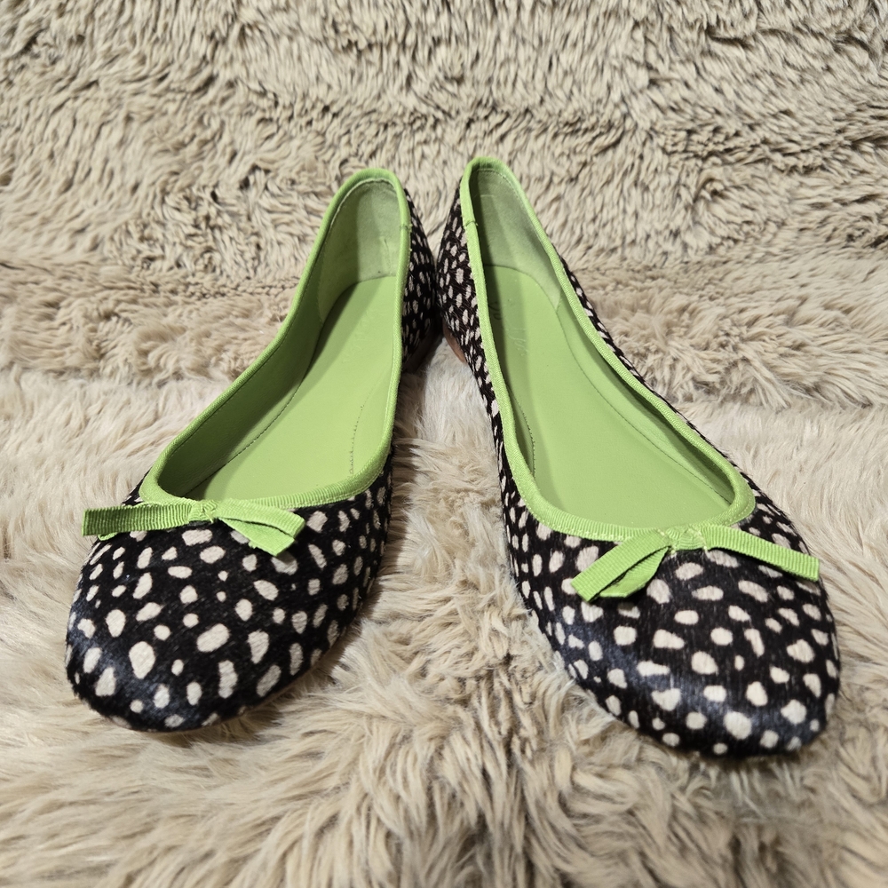 Boden Black and Cream Polka Dot Flats with Green Trim